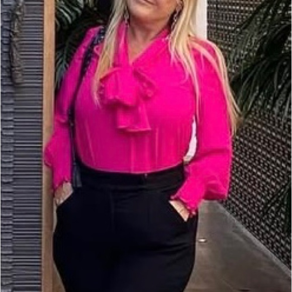 Elegant magenta pink pussybow blouse crepe de chine Women's Top